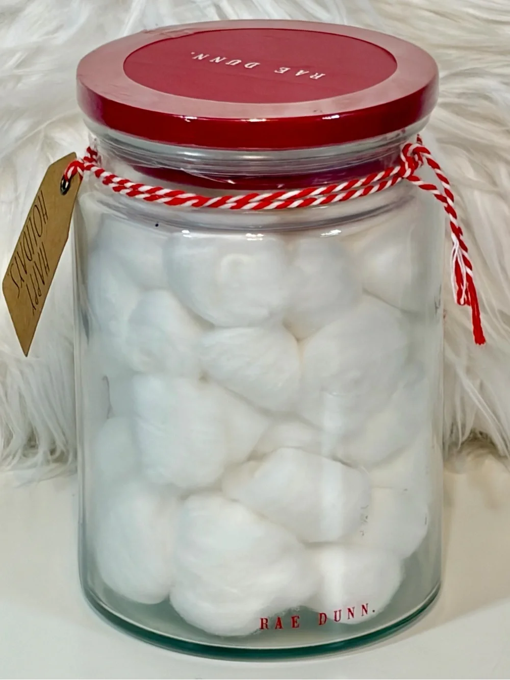Rae Dunn NWT Merry Christmas Glass Jar with Cotton Balls Festive Holiday Decor